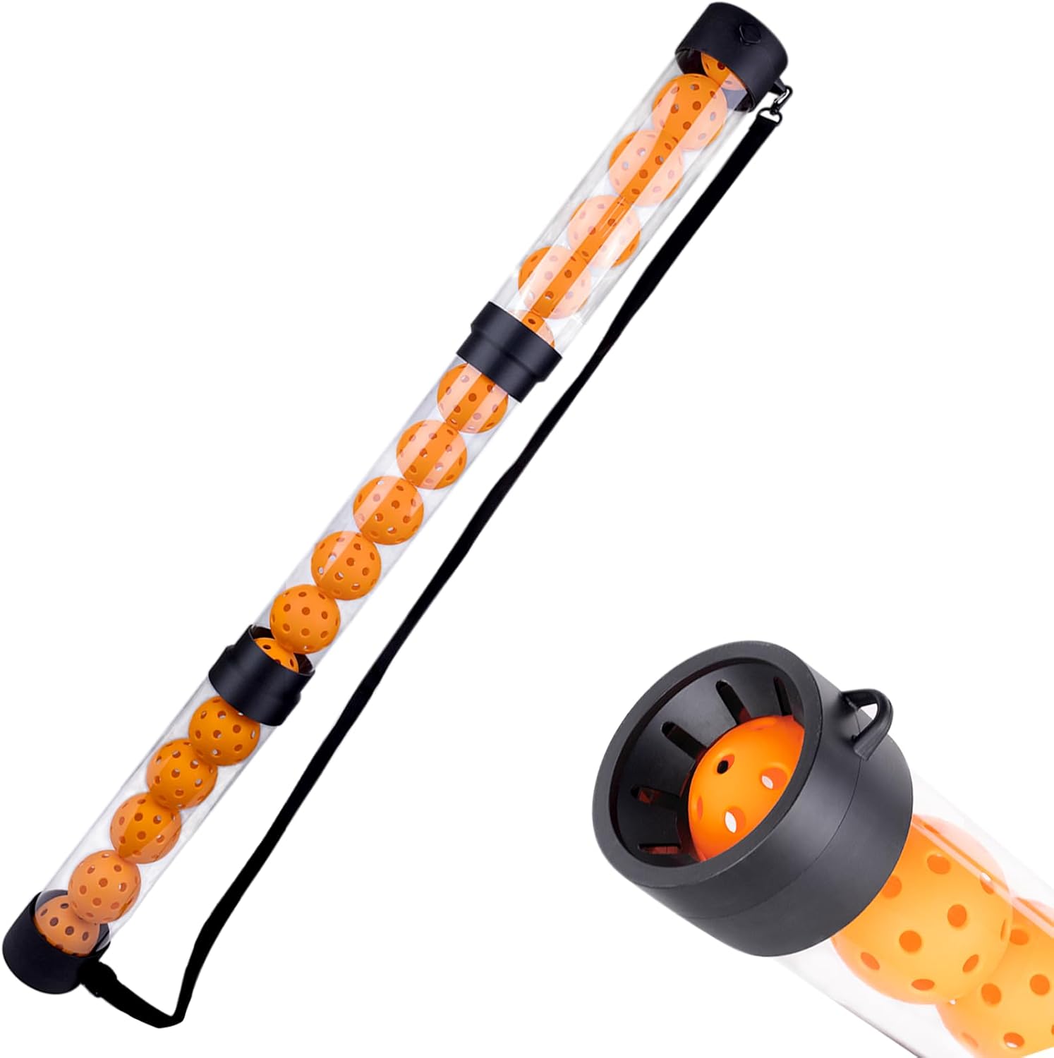 Pickleball Picker Upper Holds 16-17 Pickleballs,Pickleball Retriever Collector with Shoulder Strap,Detachable Pickleball Tube,Easy Pickup & Carrying（1 Rubber Band for Ball Storage）