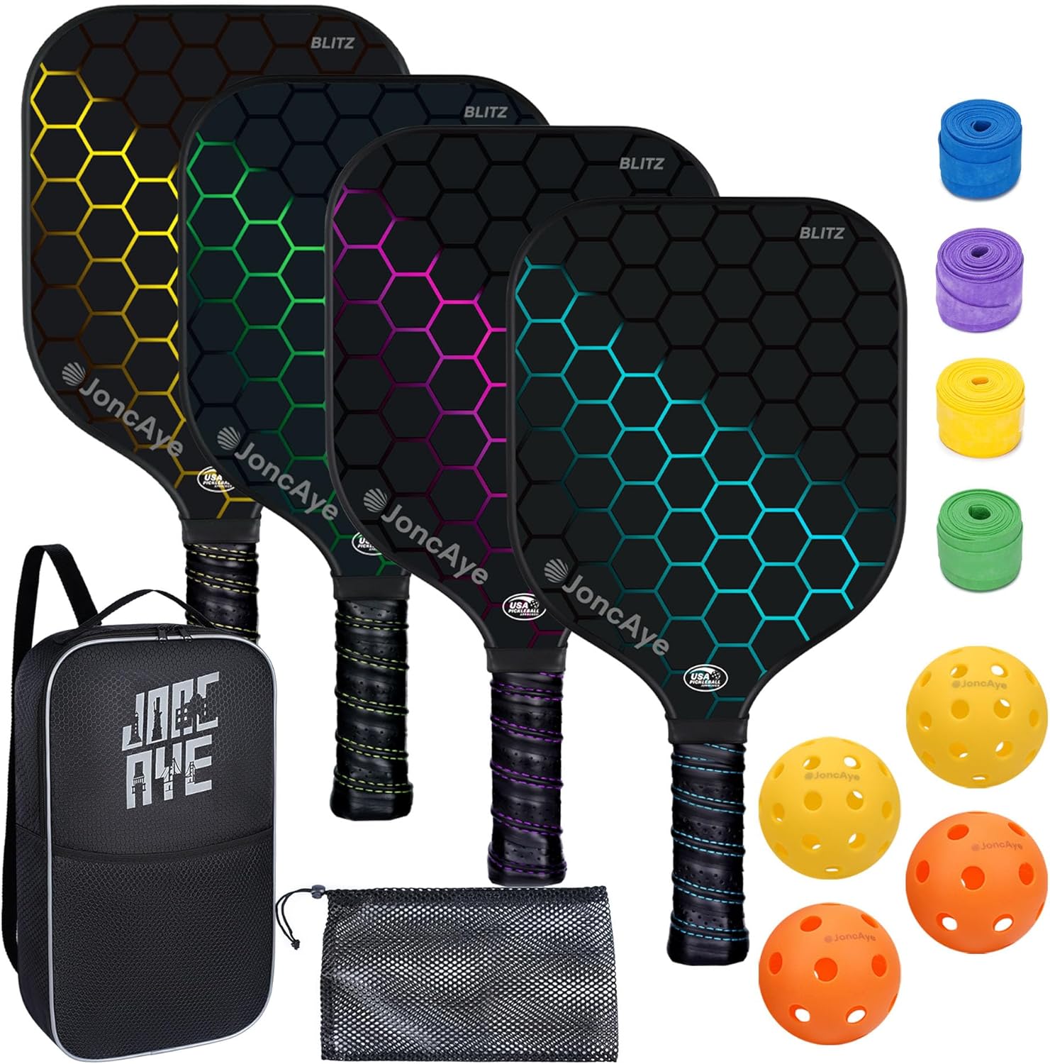 JoncAye Pickleball-Paddles-Set of 4 or 2 Rackets with Balls and Bag, USAPA Approved Pickle-Ball Equipment with Accessories, Fiberglass Graphite Pickleball Racquet Set for Men, Women, Kids, Adults