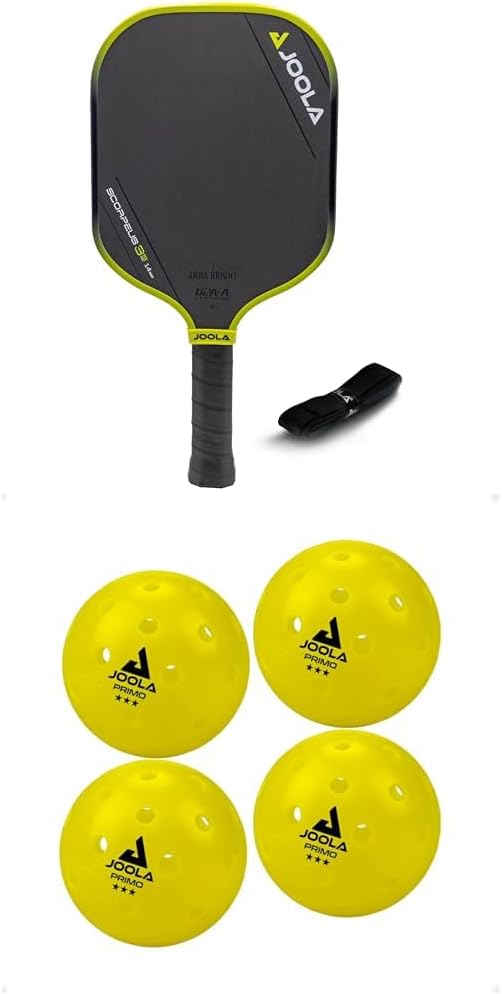 JOOLA Anna Bright Scorpeus 3S 14mm Pickleball Paddle w/Propulsion Core, Charged Carbon Surface, Wide Body Shape, Larger Sweet Spot, NFC Chip, USAPA Certified + JOOLA Primo Indoor/Outdoor Pickleball Ba