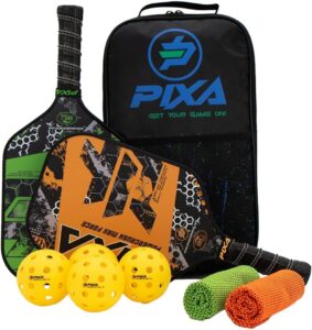 T-300 Carbon Fiber;16mm; Pickleball Paddle Set of 2; w/ 4 Balls, 2 Cooling Towels, Bag; Beginner Racquet/Intermediate Racket; PIXA Powercrush Max Force