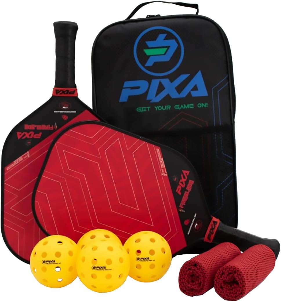 PIXA Fireblade 16mm Fiberglass/Grit Pickleball Paddle Set of 2, w/ 4 Balls and 2 Cooling Towels, Bag; with Grit/Spin!, 16mm, Beginner Racket/Intermediate Racquet, Great Gift! PIXA Fireblade 16mm Fiberglass/Grit Pickleball Paddle Set of 2, w/ 4 Balls and 2 Cooling Towels, Bag; with Grit/Spin!, 16mm, Beginner Racket/Intermediate Racquet, Great Gift!