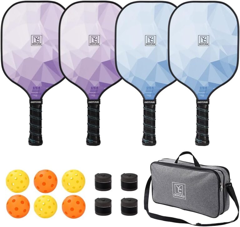 Pickleball Paddles Set of 4, USAPA Approved Pickleball Set, Fiberglass Pickle Ball Rackets, 3 Outdoor Pickleball, 3 Indoor Pickleball Balls, 4 Pickleball Overgrip, 1 Pickleball Bag for Women and Men