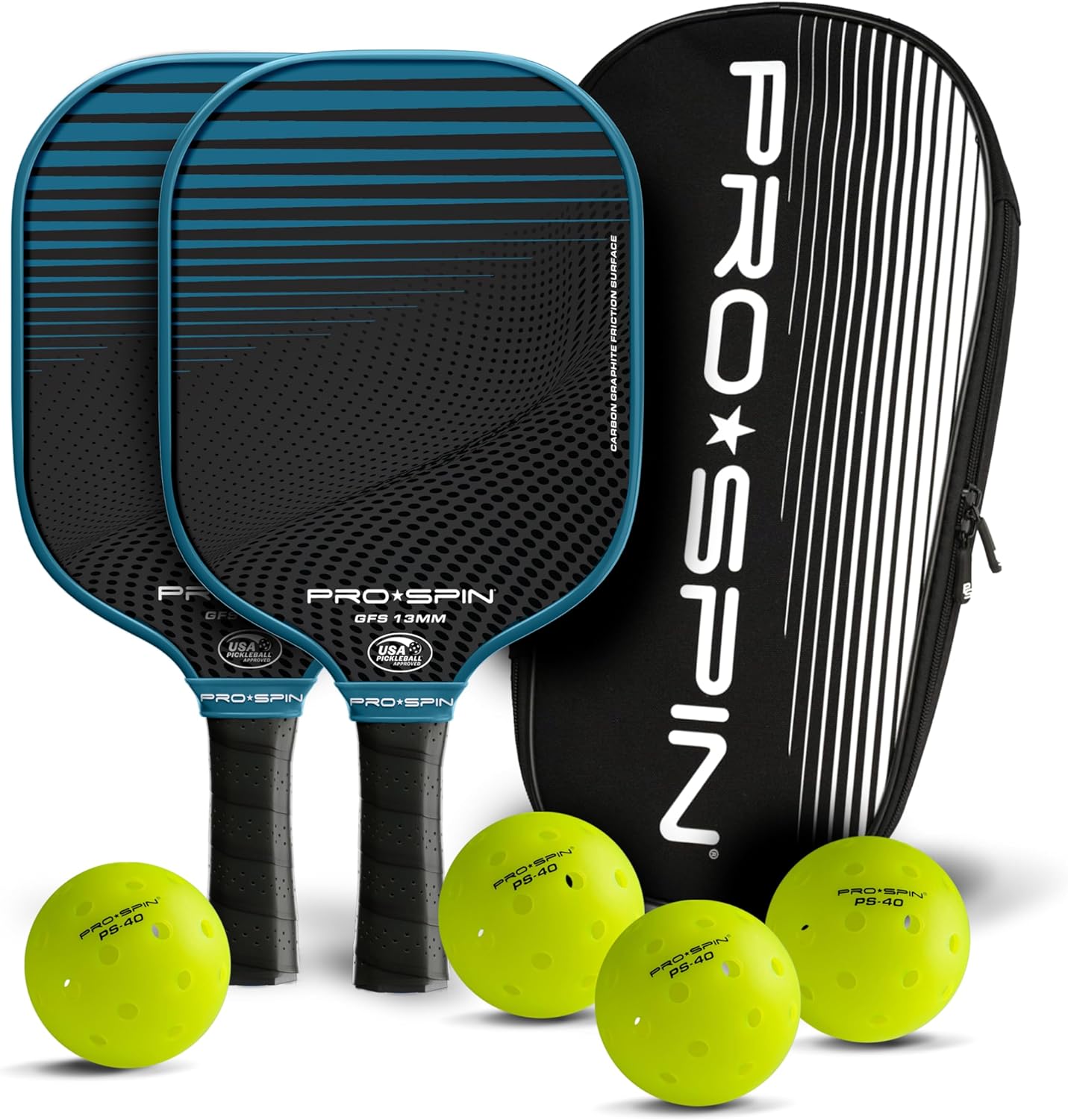 PRO SPIN Pickleball Paddles – USAPA-Approved Graphite Carbon Friction Surface Paddle – Set of 2 has Indoor/Outdoor Balls, Bag for Equipment & Accessories – Pickle Ball Gift for Women, Men, Kids