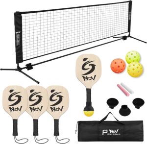 NQV Pickleball Set with Net-10FT Half Court Size Pickleball Net+Wood Pickleball Paddles+Pickle Balls+Ball Retrievers+Pickleball Court Marking Kit, Portable Driveway Outdoor Indoor for Beginners Pros